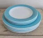 Vtg PYREX 1960's MILK GLASS PLATES~Turquoise Blue/Gold Tone~4 Dinner 3 Salad-7pc