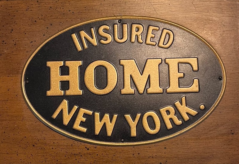 BLACK & GOLD EMBOSSED RAIHOME NEW YORK INSURANCE COMPANY VINTAGE FIRE MARK SIGN