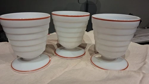 VTG~HAZEL ATLAS~MODERNTONE MILK GLASS WHITE RED STRIPE 3 DESSERT CUPS