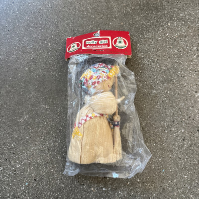 Vintage Holly Girl Decoration.  Corn Husk Figurine
