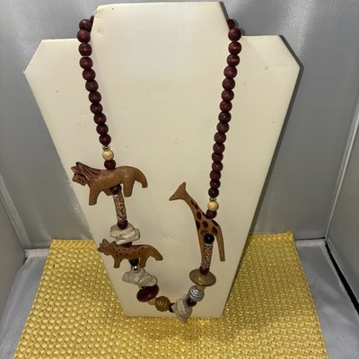 Gorgeous Wooden Safari Animal Necklace , Giraffe Has Broken Leg And Ear