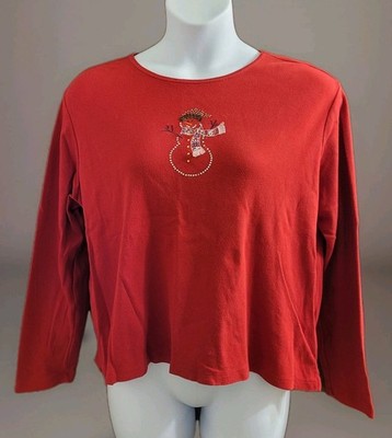 Classic Elements Shirt Womens XL PETITE Red Long Sleeve TOP  SNOWMAN HOLIDAYS 
