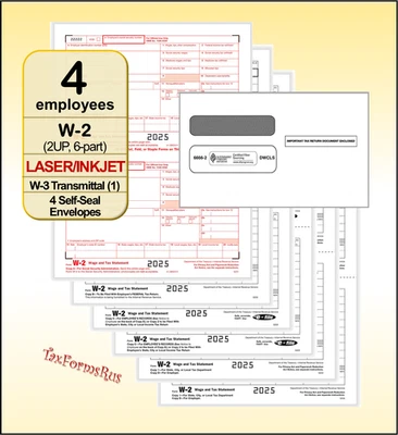 DELUXE 2025 IRS TAX FORMS KIT: W-2 Wage Stmts LASER for 4 employees +envelopes +(1) W-3
