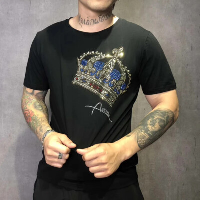 New Fashion Crown Hot Diamonds Rhinestones Trend Summer Luxury Loose Men T-Shirt