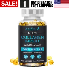 Multi Collagen Peptides-120 Capsules-Type I,II,III,V,X Anti-Aging Collagen Caps