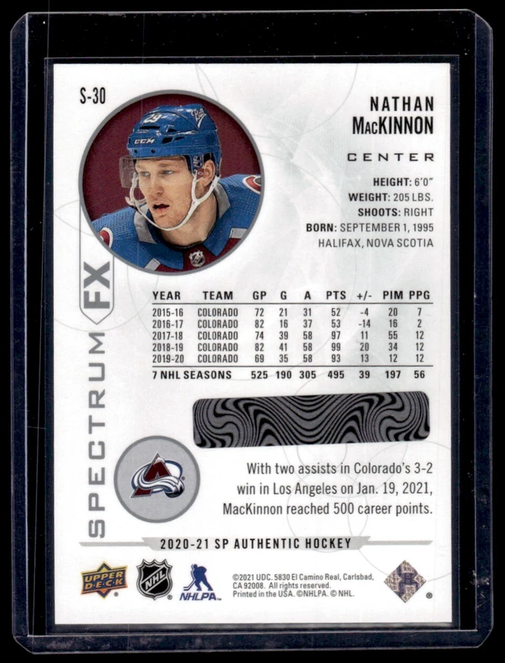 2020-21 SP Authentic Spectrum FX Nathan MacKinnon Colorado Avalanche #S-30 - Image 2 of 2