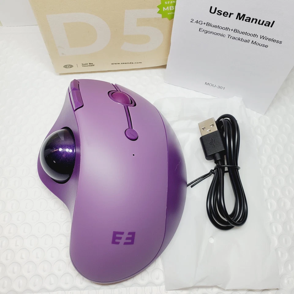 Trackball Wireless Mouse MBD5 Bluetooth 2.4G USB Ergonomic Thumb Roll PURPLE - Image 2 of 4