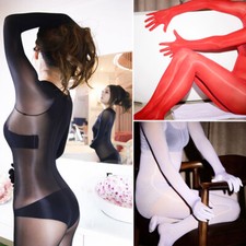 Women Men 8d Ultra Shiny Full Bodysuit Nylon Wetlook Footed Catsuit With Gloves