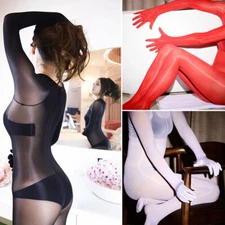 Plus Size Women Men 8d Oil Shiny Glossy Full Bodyhose Nylon Bodysuit With Gloves