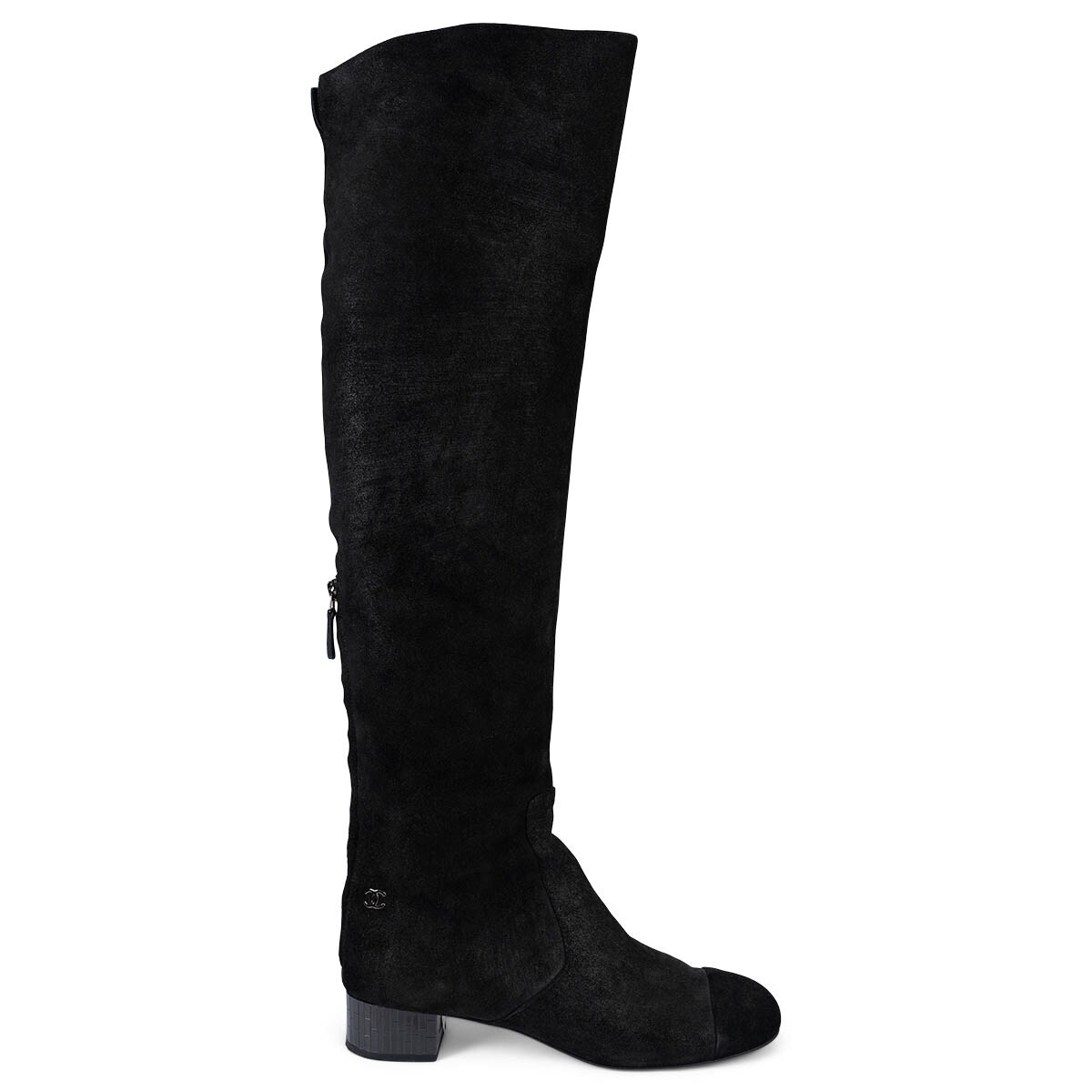 69630 auth CHANEL black textured suede MIRROR HEEL OVER KNEE Boots