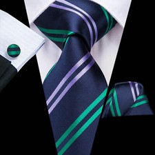 Blue with Green Lavender Stripes Necktie Set includes Hanky and Cufflinks