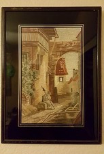 Antique Victorian Needlepoint Needlework Art Wood Frame Village Scene