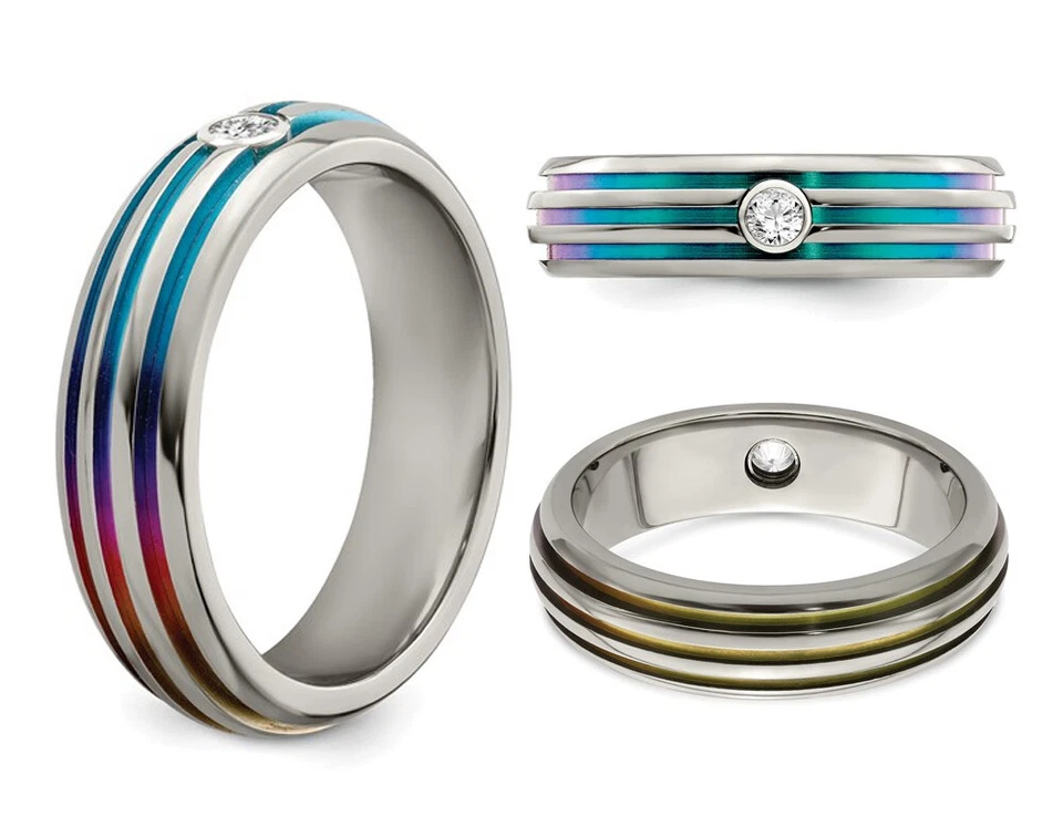 Anillo banda zafiro blanco triple ranura titanio 6 mm para hombre Foto 3 de 4