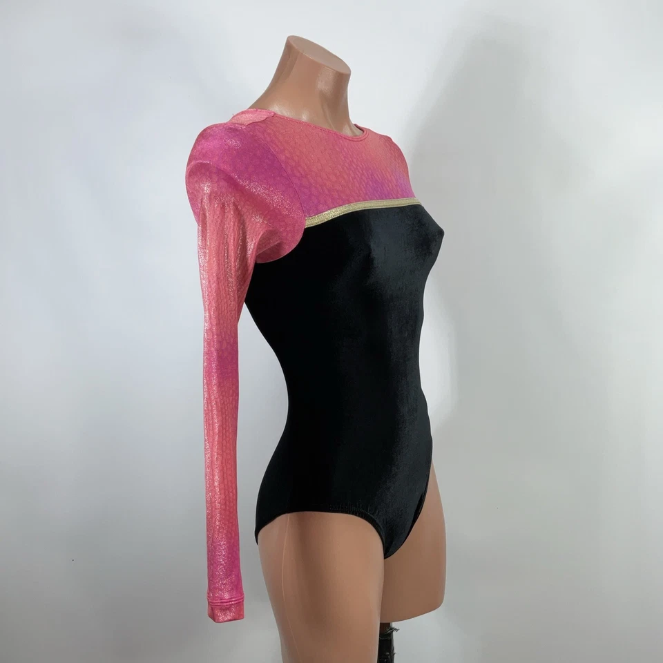 GK Elite GYMNASTICS Leotard COMPETITION Pink Black Velvet Metallic Snakeskin CL - Image 4 of 4
