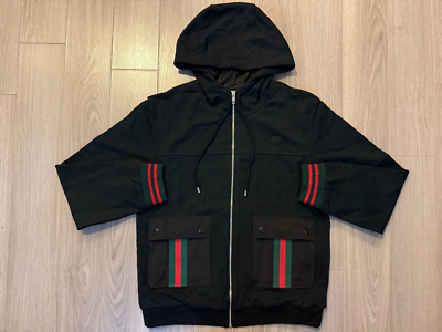 Gucci Cotton Jersey Hooded Jacket with Web zip up hoodie black sz