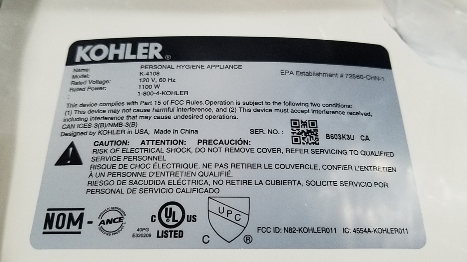 KOHLER 410896 PureWash E750 Elongated Bidet Toilet Seat / Touch