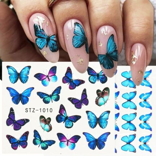 4pcs/Set Nail Butterfly Stickers Watercolor Decals Blue Flowers Sliders Wraps - Afbeelding 1 van 33