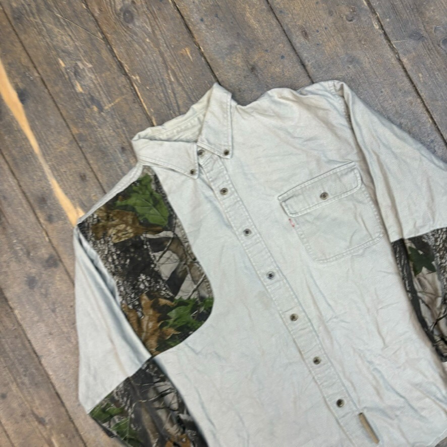 Winchester Real Tree Shirt Y2K USA Camo Army Button Down Top, Beige, Mens XL image 3