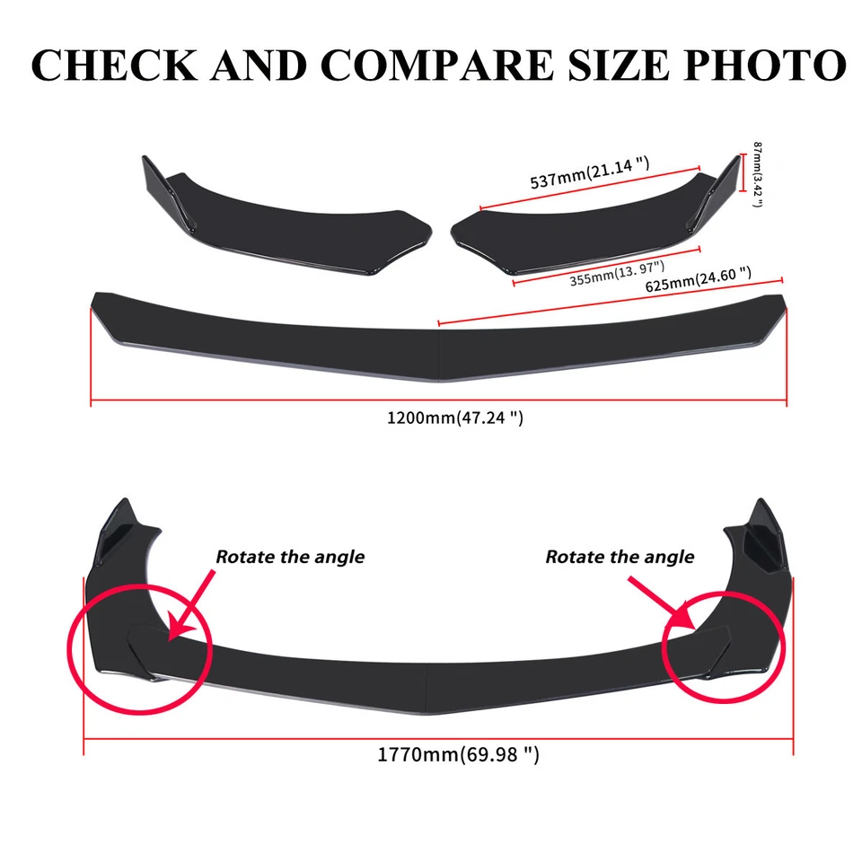 Glossy Black Car Front Bumper Lip Spoiler +78.7" Side Skirt Splitter Universal - Image 4 of 4