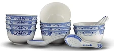 10pc Fine Bone China Soup Bowls & Spoons Set - Blue & White Ceramic Rice Bowl