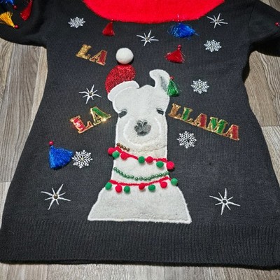 Holiday Time Llama Christmas Tunic Sweater - Ugly Festive Black Red Small
