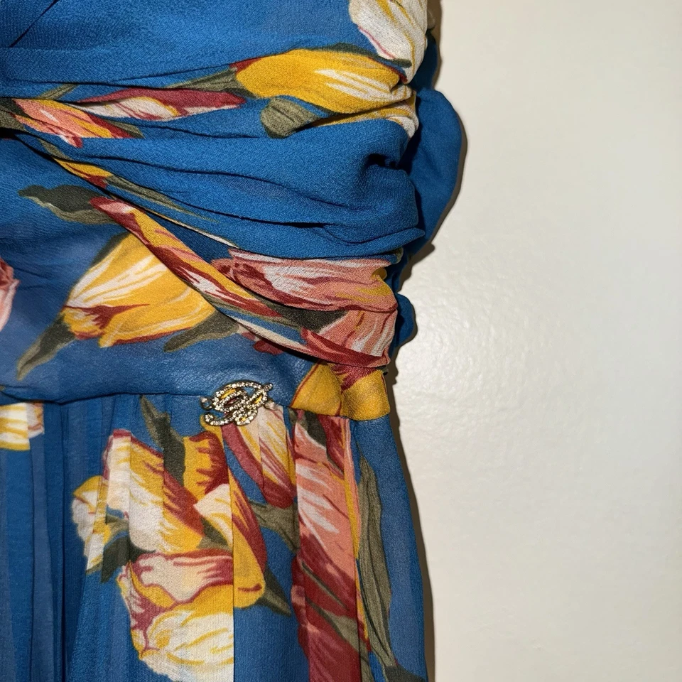 BLUMARINE blue Floral Bustier Ruched Dress Size 44 Made In Italy US 8 - Image 3 of 4