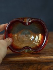 Vintage Amber Red Glass Bowl / Ashtray Murano Style Heavy Art Glass