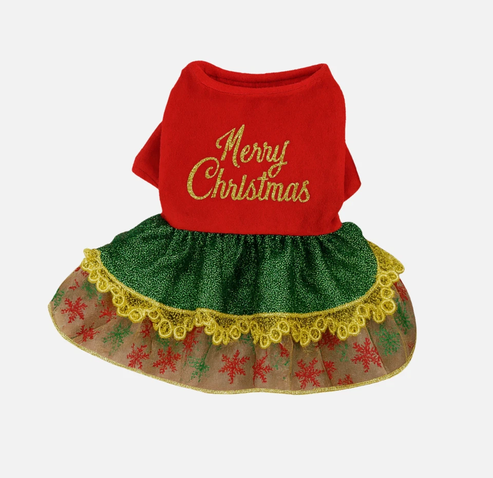 Christmas Dog Dress – Red & Green “Merry Christmas” Outfit with Gold size M - Image 4 of 4