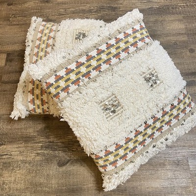 Devi Designs Moroccan Aztec Boho Throw Pillows Set of 2 Cream Geometric Sequin