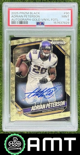 Adrian Peterson PSA 9 2025 Panini Prizm Black 3/5 Auto Gold Vinyl FOTL 7829