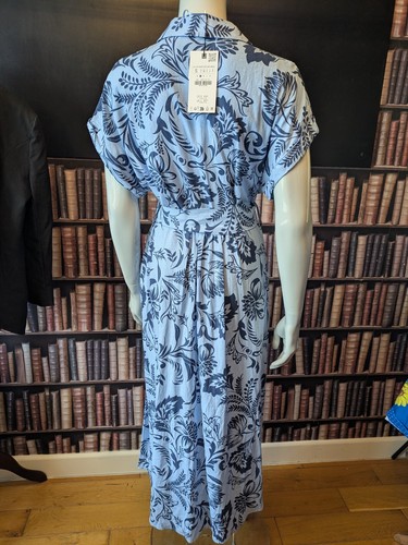 Zara Blue Printed Short Sleeves Belted Midi Shirt Dress Size S - Picture 4 of 5