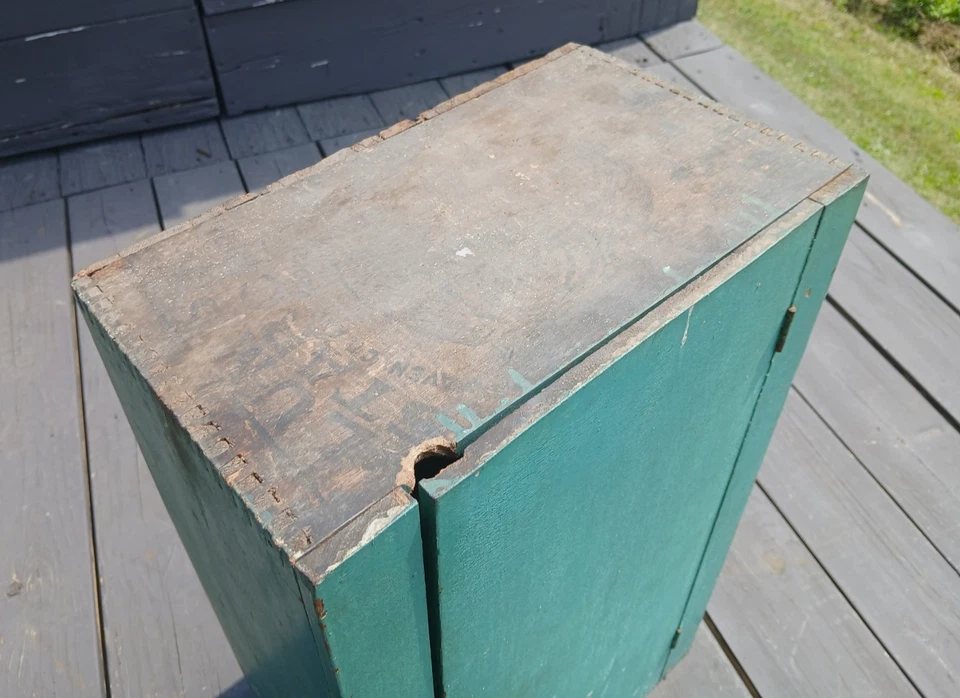 Antiguo gabinete de pared colgante años 1890 pintura turquesa original marca tigre caja de almidón Foto 4 de 4