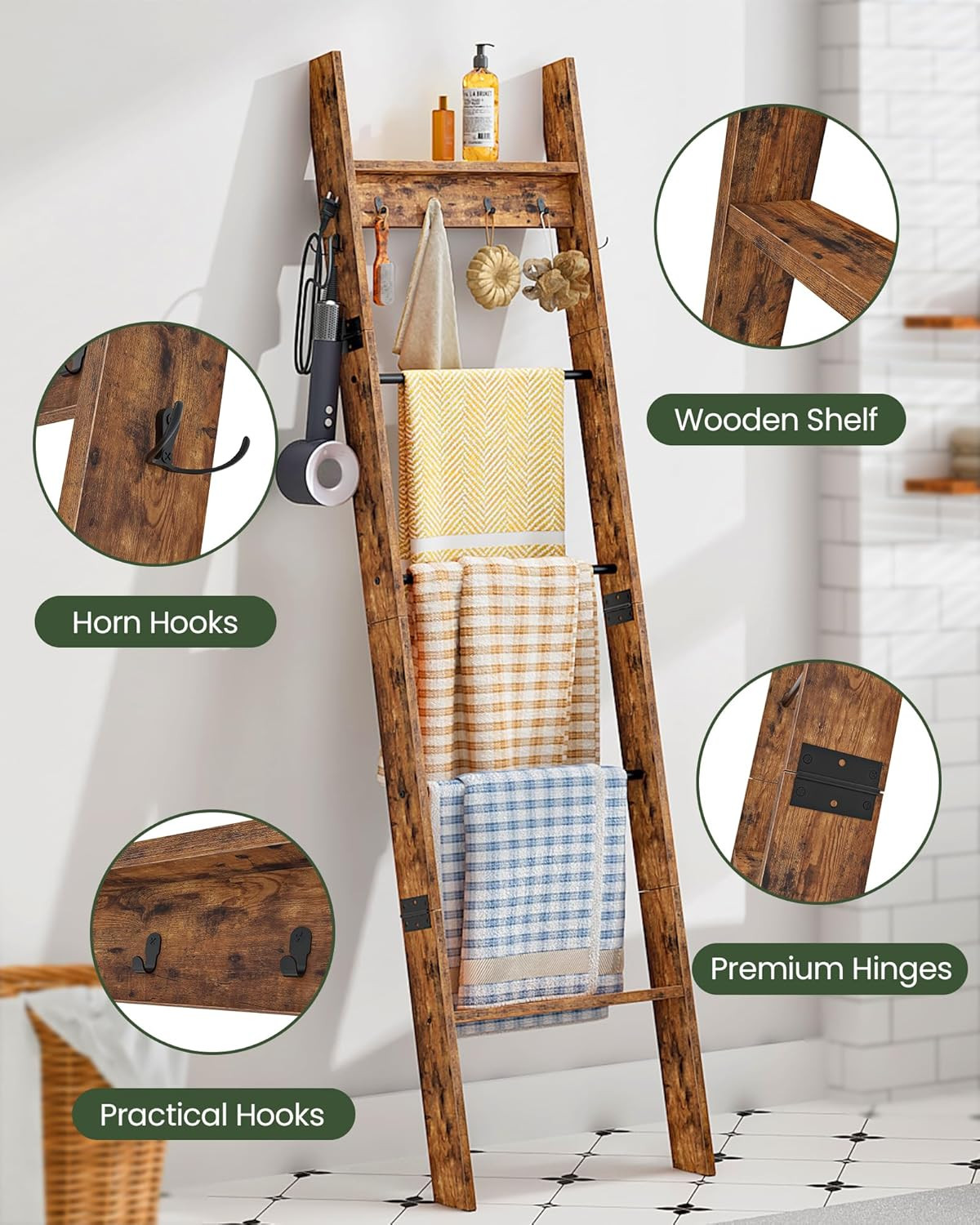 5-Tier Blanket Ladder, Wooden Blanket Display Rack, Towel Ladder with Hooks, Wal