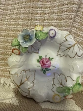 ￼ 1817 Hand Painted Small Decorative Bowl With Raised Flowers And Golf Leaf