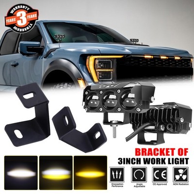 For Ford F150 17-2021 2x 4'' W/Amber LED PODs Light Hood Ditch Mounting Bracket