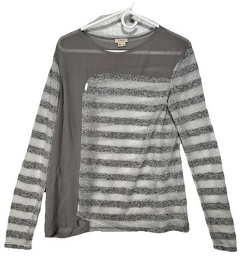 A. moss Silk Contrast Sheer Gray Blouse Sz Small Womens Striped Top