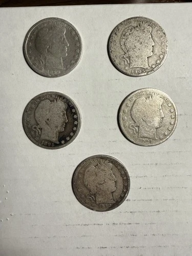 🔥5 Barber Half Dollars 1895-D 1899-P 1901-P 1905-D 1912-P  No Reserve🔥