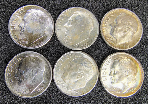 1952 & 1953 P D S - Roosevelt Dimes (6-Coin Lot)- Light Toning - 90% Silver - BU