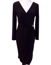 Vtg RALPH LAUREN Dress Size 6 Black V Neck Long Sleeve Faux Wrap Black Label