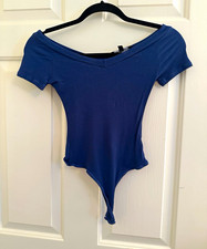 Lulus Women s Blue Solid Ribbed Fitted Basic Bodysuit Size S Regular