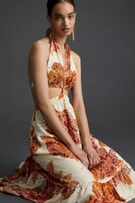 Farm Rio Anthropologie S Floral Cutout Halter Maxi Dress