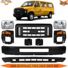 Front Bumper Primed & Headlights Kit For 2008-2019 Ford E-150 E-250 E-350 E-450