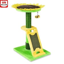 2Level Sunflower Cat Scratching Post Perch W/ Bee Toy Natural Sisal Base Green