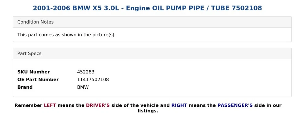 BMW X5 2001-2006 3,0 L - Motor bomba aceite tubo/tubo 7502108 Foto 3 de 4