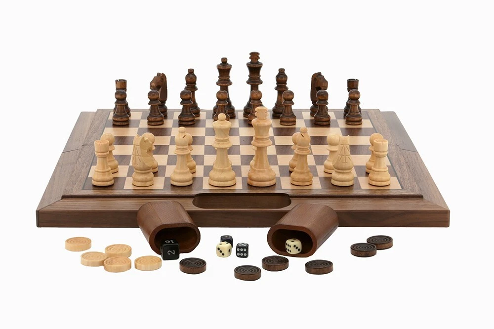 Dal Rossi 3 in 1 Folding Walnut Chess / Checkers / Backgammon Set 16 inch board