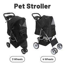 3/4-Wheels Foldable Pet Stroller Dogs Cats Carrier Cart Travel w/Pads Cup Holder
