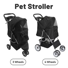 3/4-Wheel Dog Stroller Pet Travel Carriage w/Foldable Carrier Cart Cup Holder