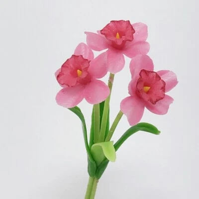 Pink Daffodil Narcissus Miniature Flower Handmade Clay Plant 1:12 Dollhouse Deco