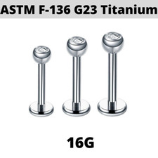 16G 5/16" 3/8" G23 Solid Titanium CZ Gem Labret Stud Lip Tragus Helix Ring