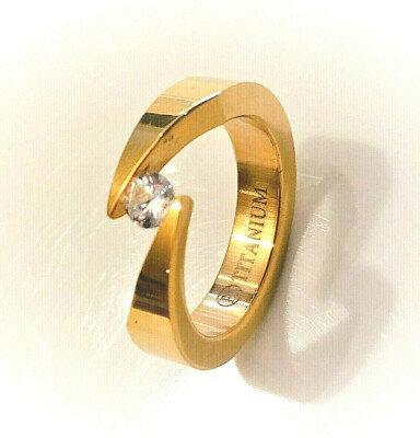 TITANIUM 5mm Wide Bypass Tension GOLD PLATED RING with 4.5mm Round CZ, size 9